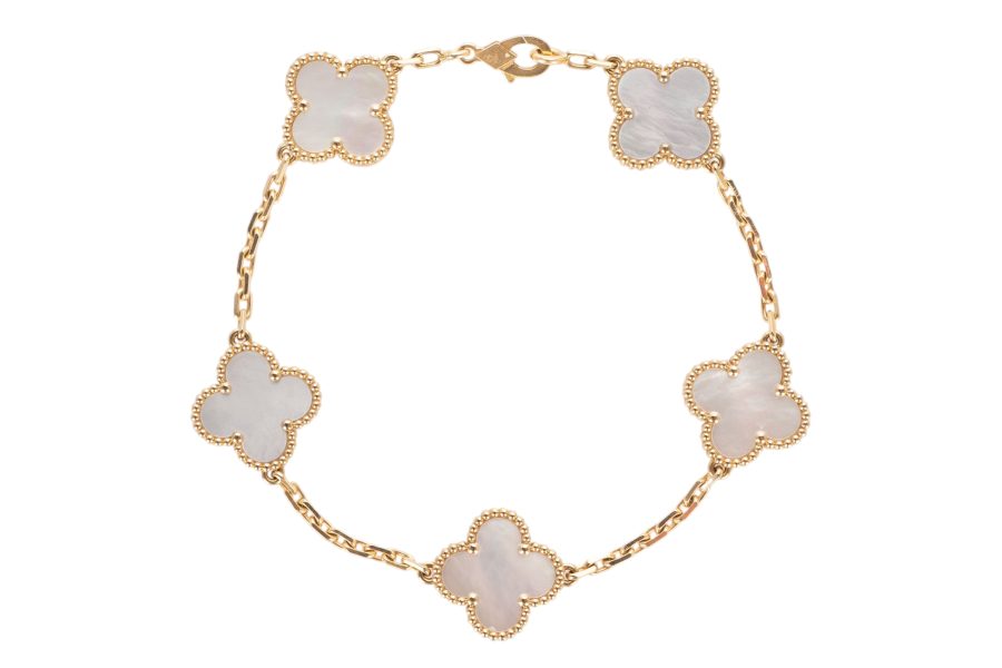 Van Cleef & Arpels Vintage Alhambra Mother Of Pearl 9ct Yellow Gold 5 Motifs Bracelet
