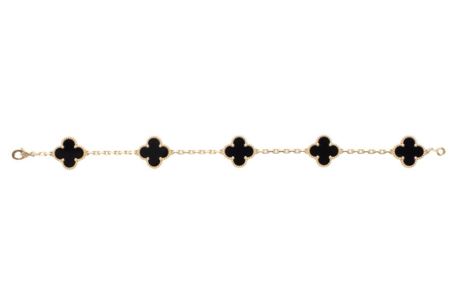 Van Cleef & Arpels Vintage Alhambra Onyx 9ct Yellow Gold 5 Motifs Bracelet