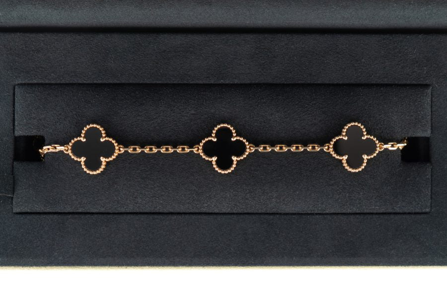 Van Cleef & Arpels Vintage Alhambra Onyx 9ct Yellow Gold 5 Motifs Bracelet