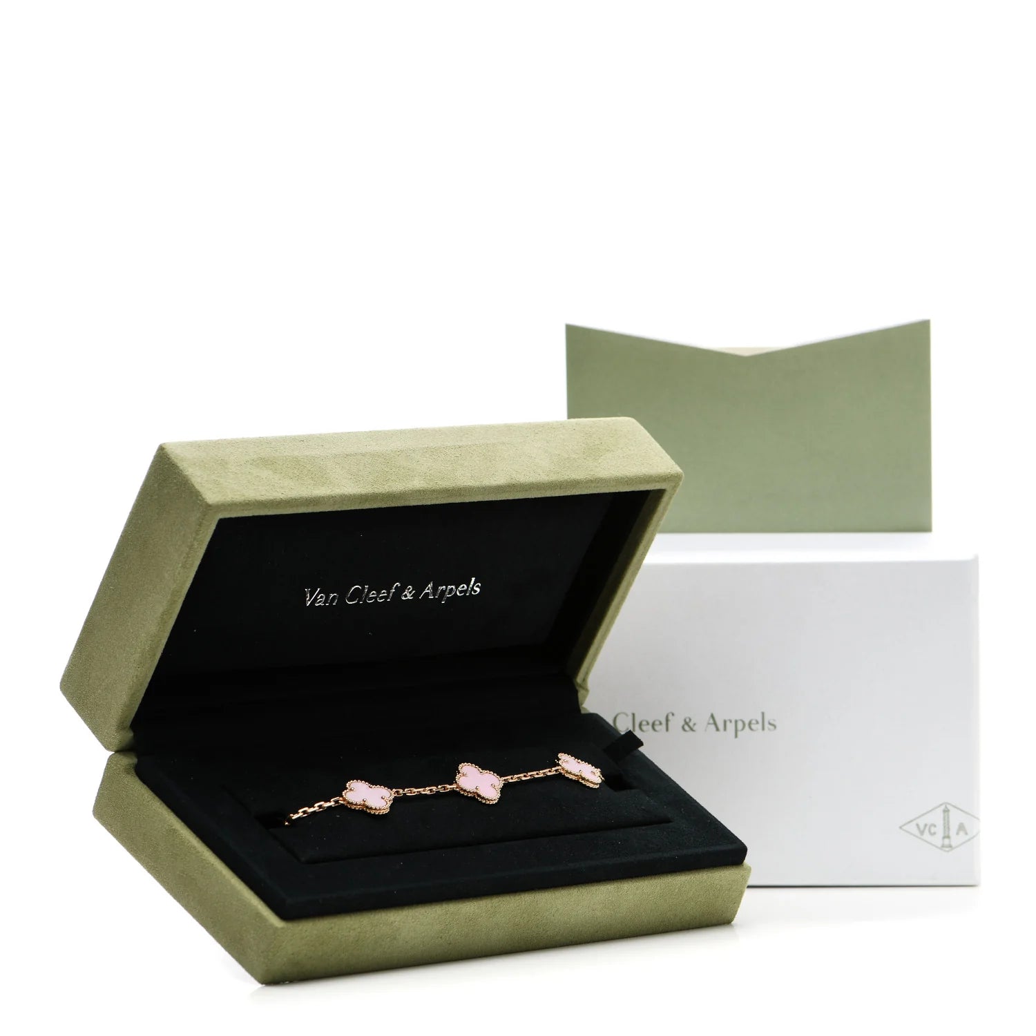 Van Arpels Vintage Pink Porcelain 9ct Yellow Gold 5 Motifs Vintage Alhambra Bracelet.