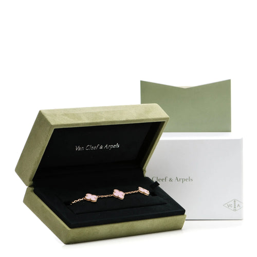 Van Arpels Vintage Pink Porcelain 9ct Yellow Gold 5 Motifs Vintage Alhambra Bracelet.